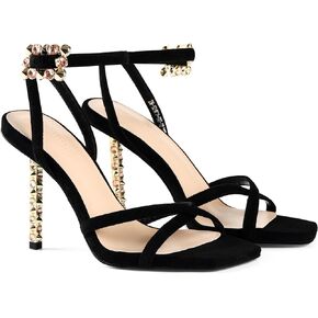 iiimmu Heeled Sandals for Women with 4 IN Gold Metal Stud Heel, Sexy and Elegant Heel Sandals for Dress, Black Suede Rhinestones Heels, Square Toe Ankle Strap
