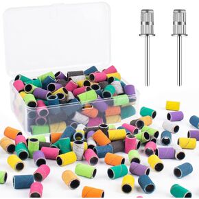 Rolybag Sanding Bands for Nail Drill,Drill Sanding Band with Storage Box,Include 100 fine Sand Bands and 2 Pieces Mandrel for Most Size 3/32" Nail Drill machine180#