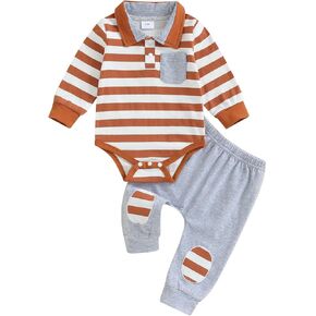 Newborn Baby Boy Fall Winter Clothes Striped Long Sleeve Button Pocket Romper Patch Pants Coming Home Outfit