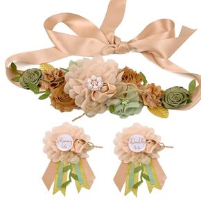 Maternity Sash Set for The Mommy and Daddy-to-be, with Corsage Pin Flowers as Baby Shower Souvenirs.Perfect for Gender Reveal Decorations and Pregnancy Photography Props (Khaki Green Leaf)