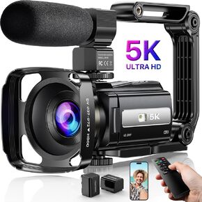 5K Video Camera Camcorder UHD 48MP WiFi Vlogging Camera for YouTube IR Night Vision Anti-Shake 16X Digital Zoom 3" Touch Screen Camera with Microphone,Handheld Stabilizer,Lens Hood,Remote,Batteries
