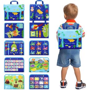 Busy Book Backpack for Toddlers 1-3, Montessorii Sensory Toys for Boy & Girl, Educational Activity Board Book for Baby Kids Travel Gift (Dinosaur, Large)