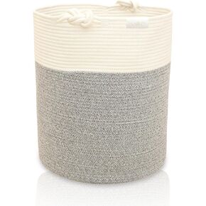 Round Cotton Rope Basket with Handles 16" X 18" | Woven Rope Basket for Storage - Laundry, Toys, Blankets, Books | Bin for Organizing Living Room | Gray - White