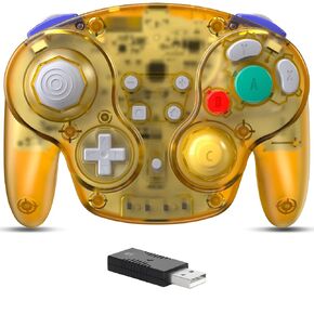 2.4 GHz Wireless GameCube Style Switch Pro Controller, for Switch/Switch OLED Console, PC, Steam Deck (Built-in Rumble) (Rechargeable) (Plug and Play) Clear Yellow