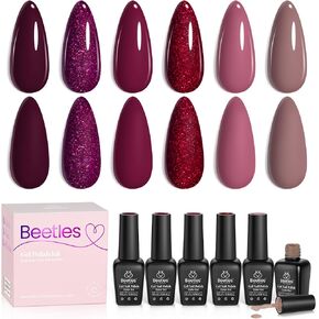 Beetles Gel Nail Polish Set, 6 Pcs Gel Nail Polish Kit, Fall Winter Purple Brown Red Glitter Gel Polish Soak Off Nail Gel Kit Nail Art DIY Home Minicure Kits Gifts for Women