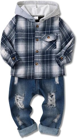 ZOEREA Toddler Baby Boys Clothes Hoodie Jeans Outfits Set 2-6T | Plaid Button Down Tops, Cotton Blend, Comfortable, Cute 2 Piece in Saudi Arabia