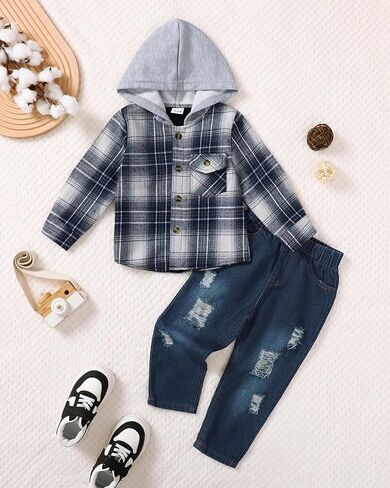 ZOEREA Toddler Baby Boys Clothes Hoodie Jeans Outfits Set 2-6T | Plaid Button Down Tops, Cotton Blend, Comfortable, Cute 2 Piece in Saudi Arabia