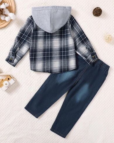 ZOEREA Toddler Baby Boys Clothes Hoodie Jeans Outfits Set 2-6T | Plaid Button Down Tops, Cotton Blend, Comfortable, Cute 2 Piece in Saudi Arabia