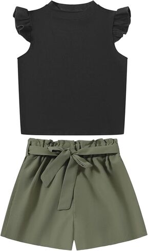 أطقم ملابس صيفية قصيرة للفتيات مكونة من قطعتين تي شيرت وشورت مع حزام وطبعة زهور in Kuwait