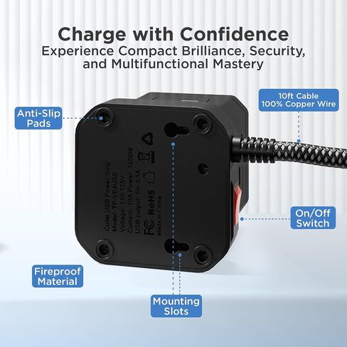 Wireless Charger Cube Power Strip with USB Ports, Power Strips with Surge Protection, 10ft Extension Cord with Multiple Outlets, 4 AC Plugs + 3 USB + 1 USB-C Fast Charging, Mountable On/Off Switch in Saudi Arabia