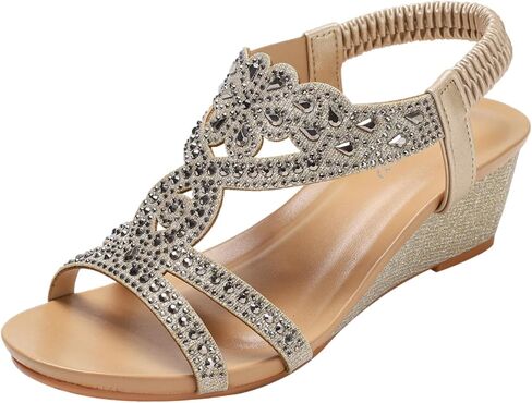 rismart Women's Wedge Sandals Elastic Band Bohemian Rhinestone Summer Roman Shoes in Kuwait