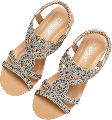 rismart Women's Wedge Sandals Elastic Band Bohemian Rhinestone Summer Roman Shoes in Kuwait