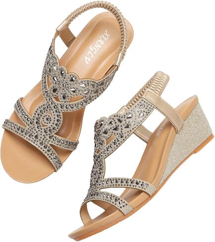 rismart Women's Wedge Sandals Elastic Band Bohemian Rhinestone Summer Roman Shoes in Kuwait