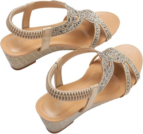rismart Women's Wedge Sandals Elastic Band Bohemian Rhinestone Summer Roman Shoes in Kuwait