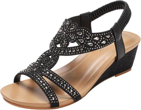 rismart Women's Wedge Sandals Elastic Band Bohemian Rhinestone Summer Roman Shoes in Kuwait