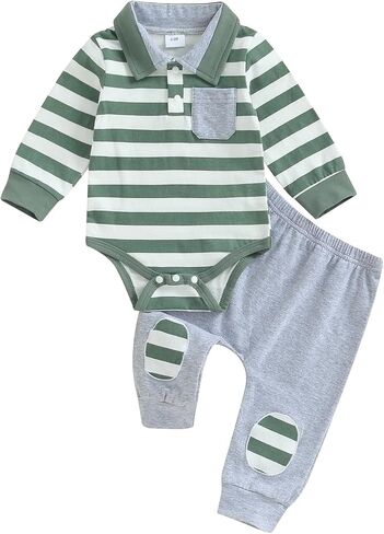 Newborn Baby Boy Fall Winter Clothes Striped Long Sleeve Button Pocket Romper Patch Pants Coming Home Outfit in Saudi Arabia