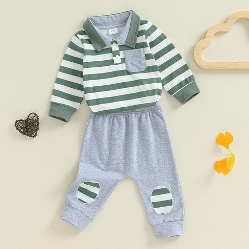 Newborn Baby Boy Fall Winter Clothes Striped Long Sleeve Button Pocket Romper Patch Pants Coming Home Outfit in Saudi Arabia