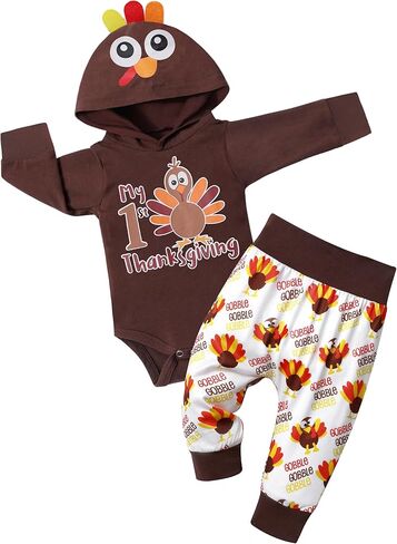 DONWEN بيبي بوي عيد الشكر الزي طويل الأكمام بلدي 1st عيد الشكر هوديي رومبير + تركيا السراويل 2 قطعة مجموعة الملابس in Kuwait