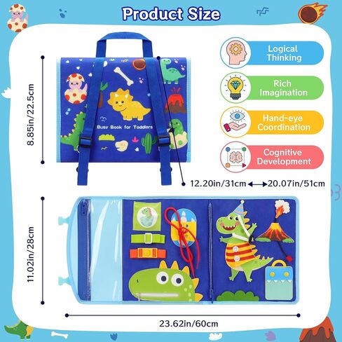 Busy Book Backpack for Toddlers 1-3, Montessorii Sensory Toys for Boy & Girl, Educational Activity Board Book for Baby Kids Travel Gift (Dinosaur, Large) in Saudi Arabia