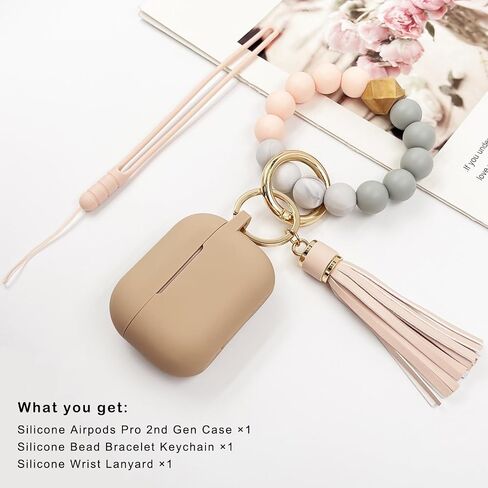 Compatible with Airpods Pro 2nd Generation Case Cover 2022, Soft Silicone Protective Cover with Bracelet Keychain for Apple Airpods Pro 2 Case for Women (Milk Tea) in Saudi Arabia