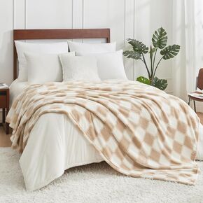 Cozy Bliss Beige Checkered Blanket Queen Size for Bed - Cozy Fuzzy Milkyplush™ Ultra Soft Warm Plush Blanket, Beige 90x90 inches