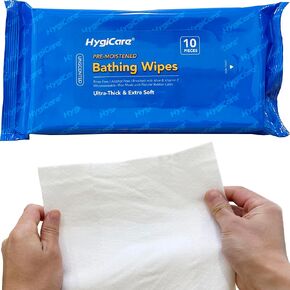 Bathing Wipes - Unscented, 100 Count, Rinse Free, Ultra Thick Super Soft, One Pack of 10 Wipes Perfect for Full Body Bathing, for Camping, Hiking, Gyms, Workout, Incontinence, Bedridden