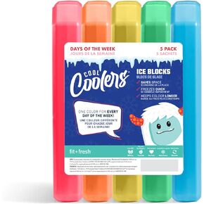 Fit & Fresh Cool Coolers, 5 Pack Days of the Week Ice Blocks, Compact & Reusable Ice Packs for Lunch Boxes & Coolers, Blue