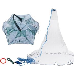 2 Pcs Foldable Fishing Net Accessories :Fishing Cast Net with Heavy Duty Real Metal Sinker Weights丨 Collapsible Hexagonal Fish Cage Fish Crab Crayfish Shrimp Net Trap Cast Net Dip Cage