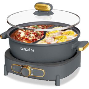 Dezin Electric Hotpot Pot with Divider, 5L Double-Flavor Shabu Shabu Pot, Dual Sided Removable Non-Stick Electric Pot, 3" Depth Chinese Hot Pot with Multi-Power Control, 2 Silicone Ladles Included