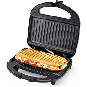 MONXOOK Panini Press Sandwich Maker, Sandwich Press Non-Stick Coated Plates (9.06"*5.63"), Opens 180 Degrees, Contact Indoor Grill with Locking Lid, 1000W Panini Maker, Black