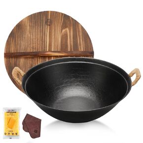 WANGYUANJI Cast Iron Pot,13.4" Craft Wok Chinese Wok,Flat Bottom Iron Woks with Lid,Fry Pan Suitable for Induction, Electric, Gas, Halogen All Stoves-Black