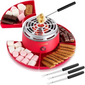 FOHERE Smores Maker Tabletop Indoor, Flameless Electric Marshmallow Roaster with 4 Detachable Trays & 4 Roasting Forks, Movie Night Supplies & Housewarming Gift, Red