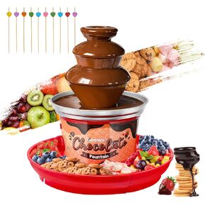 Huanyu 3-Tier Mini Chocolate Fountain Machine 10 Bamboo Skewers Removable Serving Tray 16-Ounce Chocolate Fondue Fountain for Party Birthday Wedding Chocolate Nacho Cheese BBQ Sauce Liqueurs (Black)