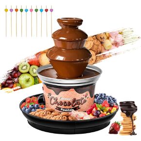 Huanyu 3-Tier Mini Chocolate Fountain Machine 10 Bamboo Skewers Removable Serving Tray 16-Ounce Chocolate Fondue Fountain for Party Birthday Wedding Chocolate Nacho Cheese BBQ Sauce Liqueurs (Black)