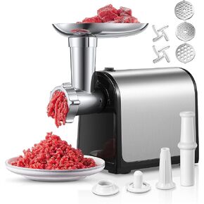 Meat Grinder Electric, Stainless Steel, HOUSNAT 3 in 1 Meat Grinder Heavy Duty with 2 Blades and 3 Plates, Sausage Stuffer Tube & Kubbe Kit, Home Kitchen Use