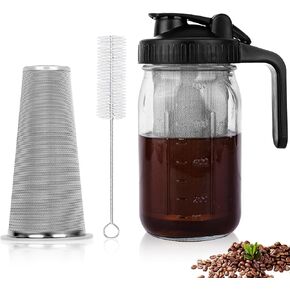 Cold Brew Coffee Maker, 32oz Cold Brew Pitcher with Stainless Steel Super Dense Filter, Durable Glass, BPA Free Sturdy Mason jar, for Iced Brew Coffee, Lemonade, Homemade Fruit Drinks Container