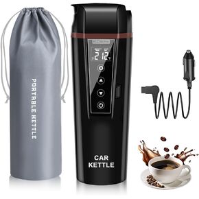 LINGYOKY Car Electric Kettle:12V/24V Portable Water Boiler Heated Travel Mug,Multiple Temperature Adjustable Coffee Tea Truck Cup with 304 Stainless Steel Dry Burn Protection & Handy Cup Bag