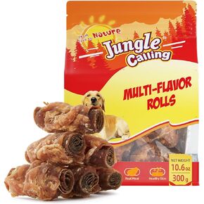 Jungle Calling Multi Flavor Rolls Dog Treats, Made with Real Chicken Duck Beef Meat, Peanut Butter Flavor Rawhide-Free Dog Snacks, Health Skin and High Protein Dog Treat, 10.6 oz
