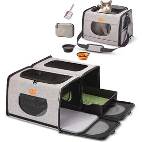 ICREATE.X Large Cat Carrier, Travel Litter Box for Cats, Collapsible Dog Crate, One for Litter Box and Soft cat cage 2-in-1 Double Pet Carrier Bag (Style-1)