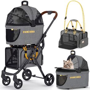 PAWZIDEA Double Pet Stroller with 2 Detachable Carriers, TSA Approved Expandable Cat Carrier Bag, Double Dog Stroller with Removable Carrier, Foldable Pet Travel Car Seat for Small/Medium 2 Dogs Cats