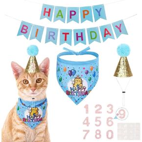 EXPAWLORER Cat Birthday Party Supplies, Cat Birthday Cake Hat & Bandana Scarfs Set, Cute Triangle Scarf with Party Hat and Flag Decorations for Kittens, Small Animals Blue