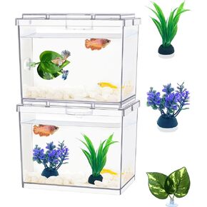 Mini Betta Fish Tank, Small Fish Bowl for Temporary Space, 0.2 Gallon Stackable Cube Tank with Betta Leaf and Gravels for Small Fish, Insect, Shrimp, Crab, Spider.(Pack-1)