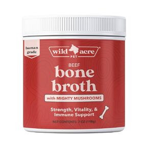 Wild Acre Premium Beef Bone Broth for Dogs – High Protein + Collagen Enhanced with Mushroom Blend for Strong Bones, Joint Flexibility, Digestive Comfort, and Immune Support - Natural Dog Food Topper