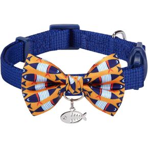 Blueberry Pet Gold Print Lucky Clouds Breakaway Lace Choker Cat Collar in Blue with Handmade Bow Tie and Pearl, Safety Elastic Stretch Collar for Cats, Neck 8.5"-12"