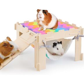 Guinea Pig Hideout with Hammock, Soft Guinea Pig Hammock Wooden Guinea Pig House with Stairs Large Guinea Pig Toys fit Guinea Pig Cages Durable Guinea Pig Accessories for Small Animals