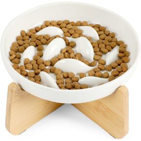 Slow Feeder Cat Bowl with Stand, Ceramic Slow Eating Cat Bowl with Higher Edges Fish Pool Design Elevated Cat Food Bowl for Dry and Wet Food Anti-Vomiting Cat Puzzle Feeder for Healthy Eating Diet