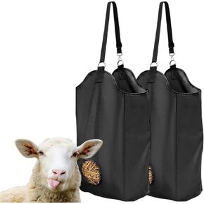 Qicfrk 2 Pcs Hay Feeder for Goat, Nylon Goat Feeder, Slow Feed Hay Bag Less Hay Waste Tote Bag with Metal Ring and Adjustable Strap for Sheep Horses Paddock (Black)