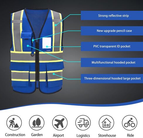 AYKRM Security Vest for Men Women 7 Pockets High Visibility Reflective Safety Vest Front Zipper Meets ANSI/ISEA in Kuwait