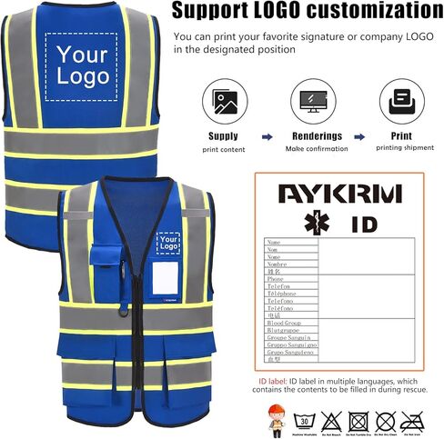 AYKRM Security Vest for Men Women 7 Pockets High Visibility Reflective Safety Vest Front Zipper Meets ANSI/ISEA in Kuwait