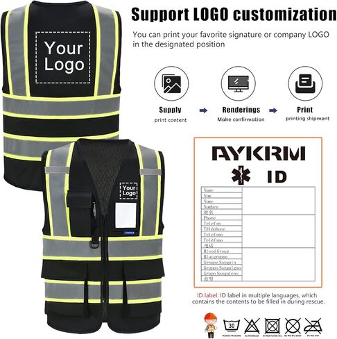AYKRM Security Vest for Men Women 7 Pockets High Visibility Reflective Safety Vest Front Zipper Meets ANSI/ISEA in Kuwait